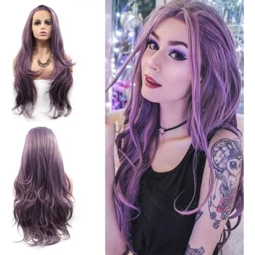 Long Purple Red Wigs for Women Ash Lavender Side Part Soft Lace Front Wig Half Hand Tied Glueless Heat Resistant Fiber Hair Wig