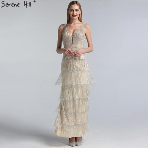 Dubai Design Champagne Sexy Deep-V Evening Dresses Sequined Beading Tassel Luxury Formal Dress 2020 Serene Hill LA60930