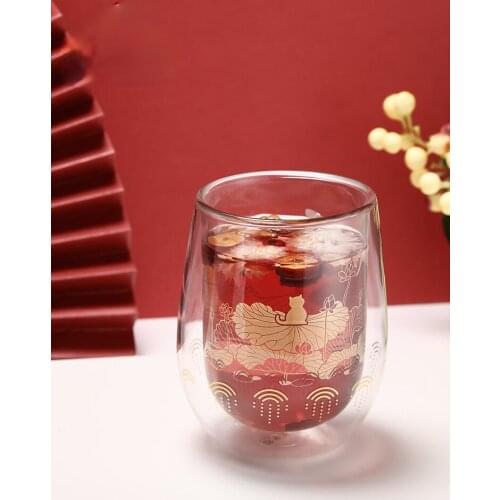 Gong Meow Lotus Double Layer Glass Cup Cup Water Cup Birthday Gift