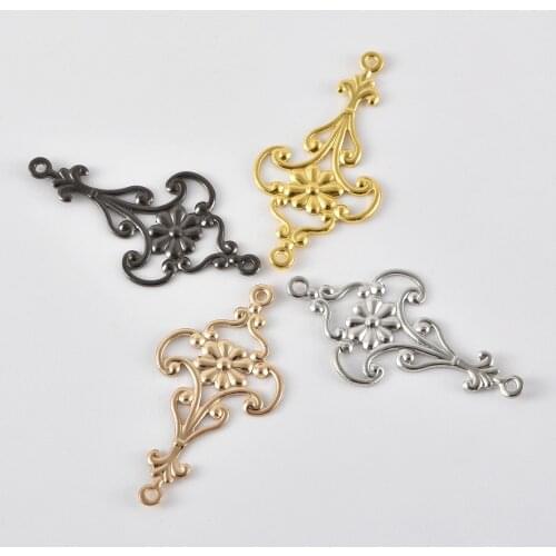 10Pcs 15 * 28MM filigree metal flower-shaped connector charm (with 2 rings) DIY handmade earrings pendant jewelry accessories