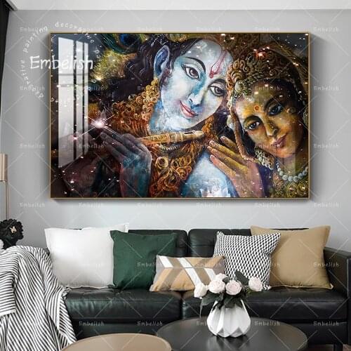 Large Size Krishna And Radha Buddha HD Canvas Oil Paintings For Living Room Wall Art Pictures Living Room Framed Poster