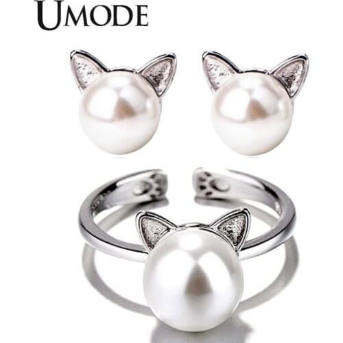 UMODE Cute White Pearl Cat Ear Jewelry Sets for Women Earring and Open Cuff Ring Set White Gold Color Pearl Cat Jewelry AUS0047