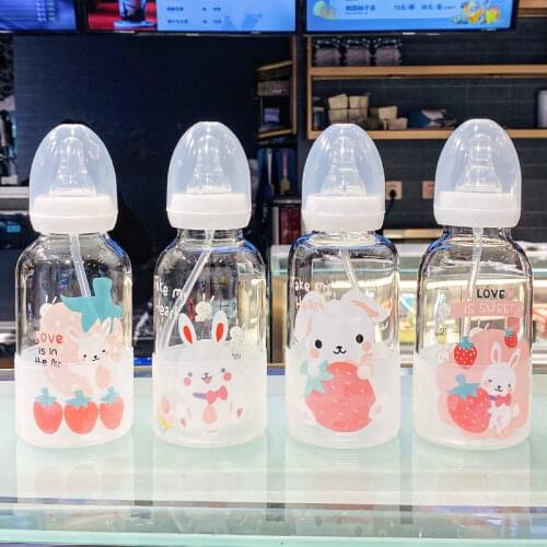 Cute Adult Baby Bottle Suction Cup Korea Creative Personality Glass Portable Cartoon Milk Student Cup Waterbottle with Straw