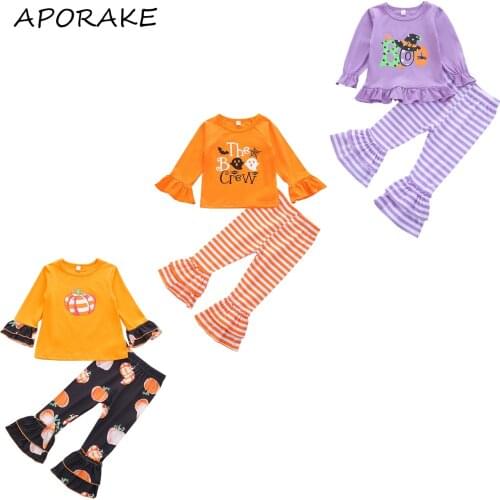 2021 0-6Y Cute Kids Baby Girl Clothes Halloween Cartoon Print Ruffle Long Sleeve T-shirt+Pumpkin/Striped Long Pants Costume 2pcs