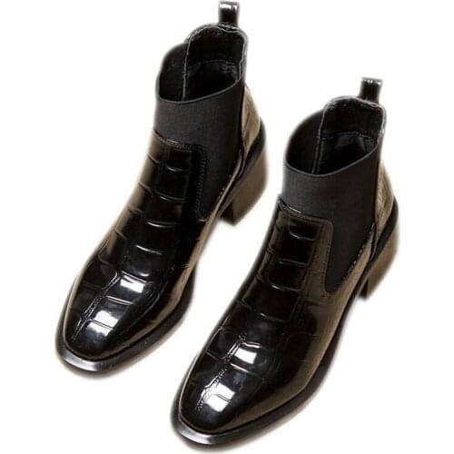 Fashion Womens Boots New Hot Seller Head Patent Leather Crocodile Pattern Bright Leather Plus Velvet Warm Casual Boots B22-42