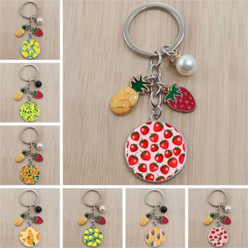 New fruit orange lemon cherry strawberry art painting keychain glass cabochon Nordic painting keychain car bag accessories