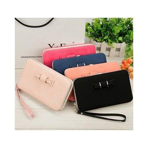 New Fashion Womens Wallets PU Leather Bowknot Long Heel Purses Wallets Box Wallet Card Holder Mobile Storage Bag Handbag Case