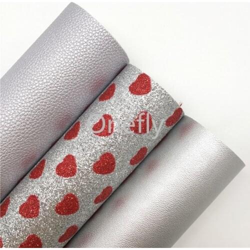 Onefly 21X29CM Silver Glitter Fabric with Hearts, Pearlized Synthetic Leather Sheets For Bow DIY handbags shoes AQ023