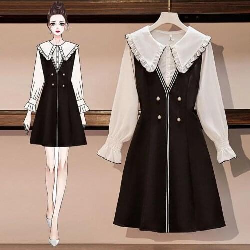 2021 autumn dress ladies doll collar flared sleeve mid-length dress waist slimming stitching dress ladies