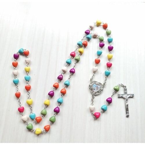 QIGO Mixed Colors Heart Stone Rosary Necklace Jesus Cross Pendant Long Necklace Religious Jewelry For Women