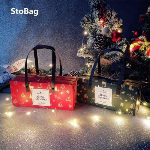 StoBag 5pcs/Lot Red/Green Christmas Handle Box Party & Event Gift Cookies Cake Packaging For Home Celebrate Child Favor