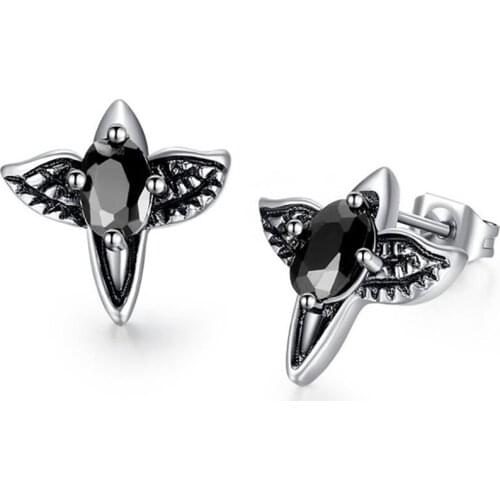 Stainless Steel Black Stone Vintage Wings Punk Rock Stud Earrings Jewelry Gift For Men