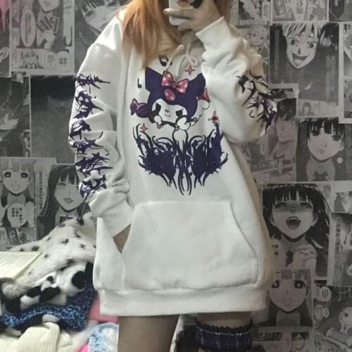 Kawaii Oversized Hoodie Japanese Vintage Cartoon Anime Print Loose Thick Autumn Winter Sweatshirt Women Top Streetwear Gothic