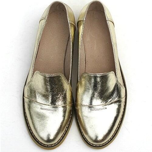 Golden Silver Loafers Women Spring/Autumn Handmade Oxford Single Shoes Round Head Casual Genuine Leather Slip-On Flats Shoes