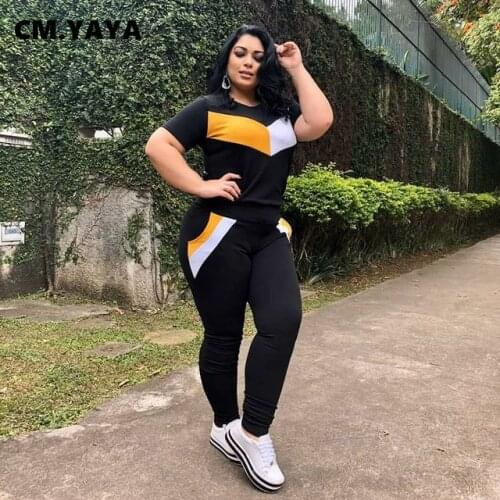 CM.YAYA Plus Size XL-4XL Two Piece Set Short Sleeve O-neck Top Matching Ankle Length Pants With Pocket Womens 2 Piece Sets 2021