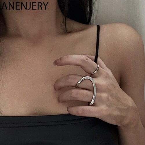 ANENJERY 925 Sterling Silver Fashion Two-finger Irregular Geometric Ring Open Ring For Women Party Jewelry Gift Wholesale S-R799