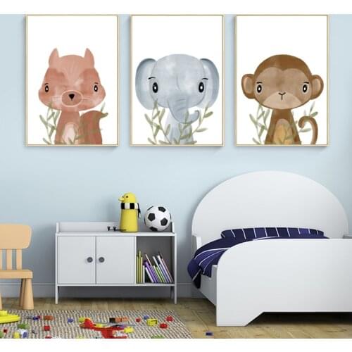 Animal Cartoon Squirrel Monkey Elephant Giraffe Poster Nordic Print Wall Art Canvas Printing Children Infant Picture Home Decor