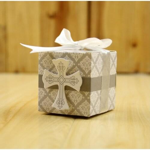 100pcs first Communion cross candy box Christening baby shower wedding party wrap holders with ribbons
