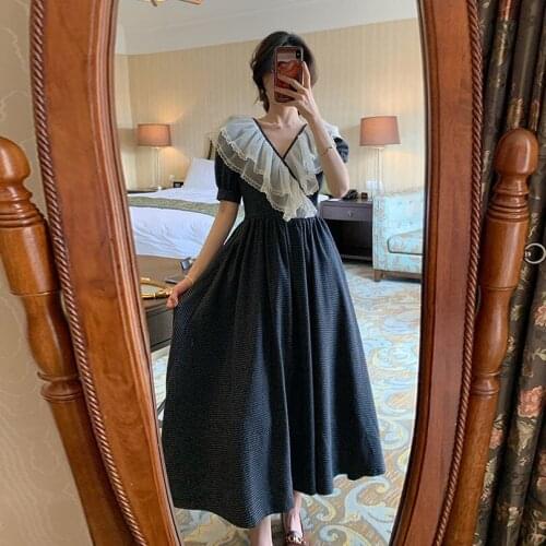 2020 New Chic V Neck Lace Patchwork Women Long Maxi Dress Sweet Party Puff Sleeve Dresses Korean Elegant Vestidos Femme