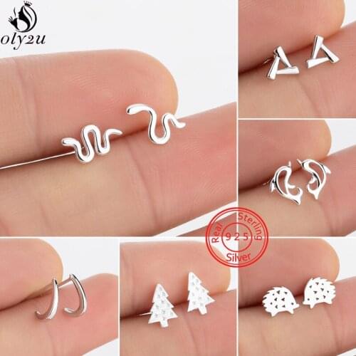 925 Sterling Silver Small Animal Stud Earrings for Women Lovely Hedgehog Dolphin Snake Earring Christmas Tree Ear Jewelry bijoux