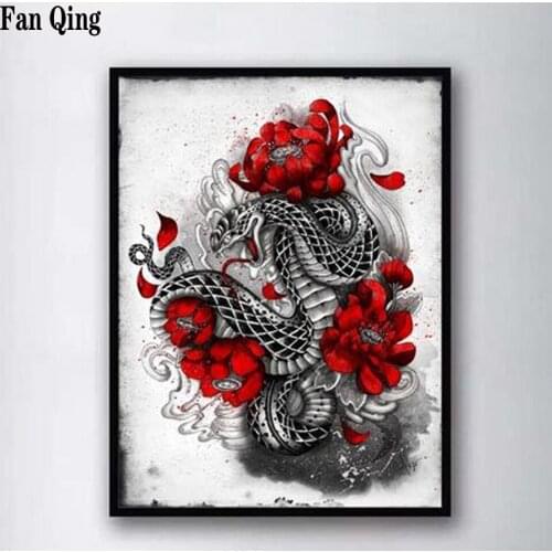 Diamond Painting Japanese Style Snake Red Flower 5D Diy Embroidery Cross Stitch Rhinestone Mosaic Home Decoration