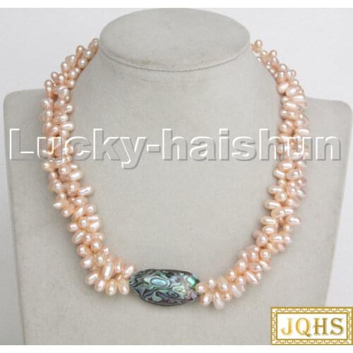 Baroque 17" 3row rice pink pearls abalone shell necklace seashell clasp c235