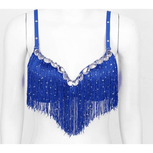 Womens Belly Dance Exotic Tanks Crop Top Clubwear Push-Up Bra Latin Sequin Tassel Rhinestone Brassiere Tops Party Costume