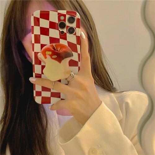 INS Korean retro twisted red and white grid phone Case For iphone 7 8 Puls X XR XS 11 12proMax SE2020 fruit stand soft Back Cove
