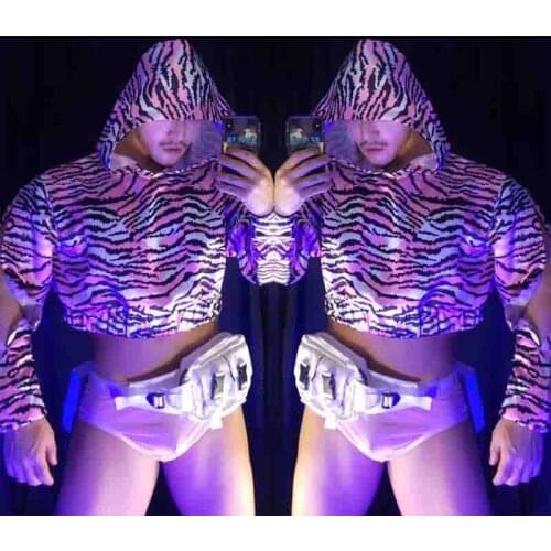 Men Sexy Satge Set Pink Leopard Clothing Suit DS DJ Costumes Jazz Stage Wear Nightclub Rave Outfits Festival Clothing XS1524