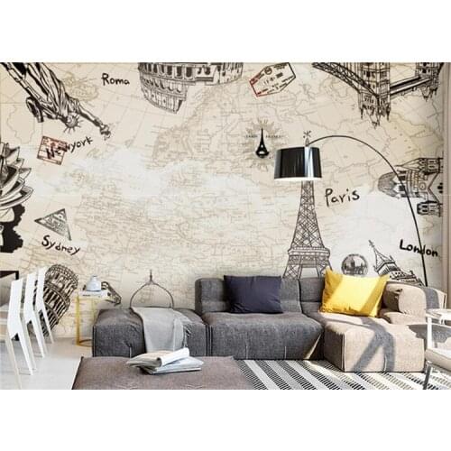 Living Room Bedroom Europe Paris Eiffel Tower Large Photo TV Background Wall Paper Coffee Lounge Retro Map 3d Papel de parede