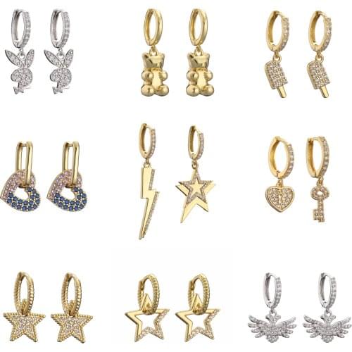 HECHENG,1 pair,Small Hoop Earrings,Lock Heart Bear Ice cream Rabbit Star Shape Jewelry,Wholesale,For Women Gift