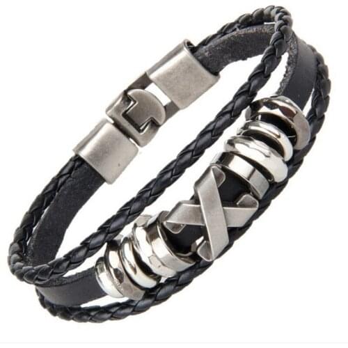 Hequ Men Punk Bracelet Jewelry Genuine Cow Leather Wrap Charm X Letter Bracelet Style 1 (Black)