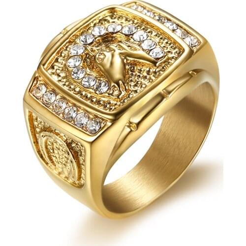 HIP Hop 8 -13 size Micro Pave Rhinestone Iced Out Bling Horse Ring IP Gold Filled Titanium Stainless Steel Rings for Men Jewelry