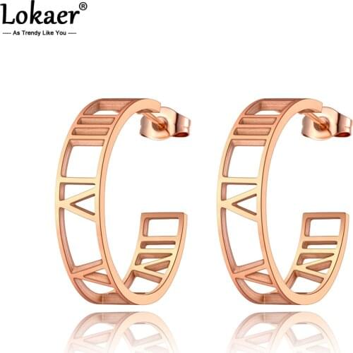 Lokaer Classic Titanium Stainless Steel Semicircle Roman Numeral Wedding Earrings For Women Geometric CZ Crystl Earrings E20094