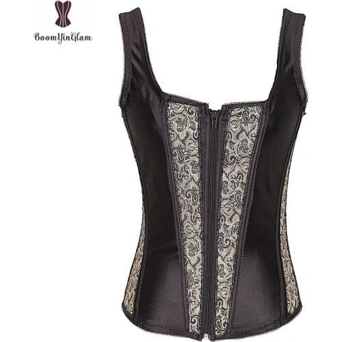 Vest Floral Zipper Corset With G-string Overbust Women Bustier 10 Steel Boned Contrast Color Corselet Black Gothic Waist Korset