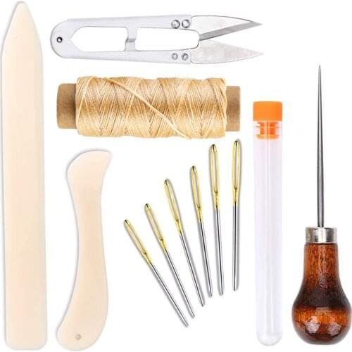 LMDZ Leather Craft Bookbinding Kit Starter Tools Set Bone Folder Paper Creaser, Waxed Thread, Awl, Needles, Scissors for DIY