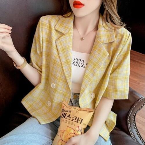 Temperament Double-breasted Short-sleeved Plaid Blazer Womens Summer Thin Design Sense Niche Loose Short Small Suit