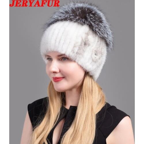 JERYAFUR Women Hat Fashion Winter Mink Fur Pom Pom Hat Ladies Warm Thick Style Real Fur Girls Hat Elegant Fox Knitted Hats
