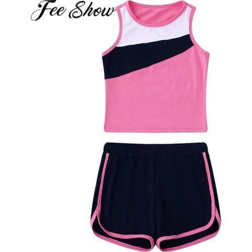 2Pcs Sport Suits Kids Girls Running Sets Stretchy Sleeveless Yoga Vest Top and Shorts Set Breathable Workout Clothes Sportswear