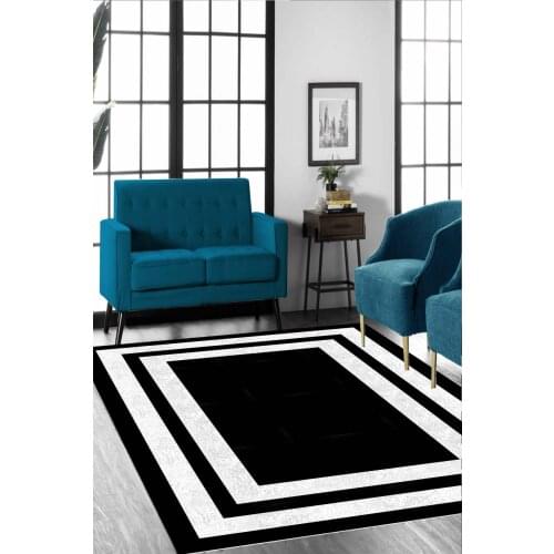 Beyaz Çerçeveli Siyah Halı (Makinada Yıkanabilir Kaymaz Deri Taban) - CP56