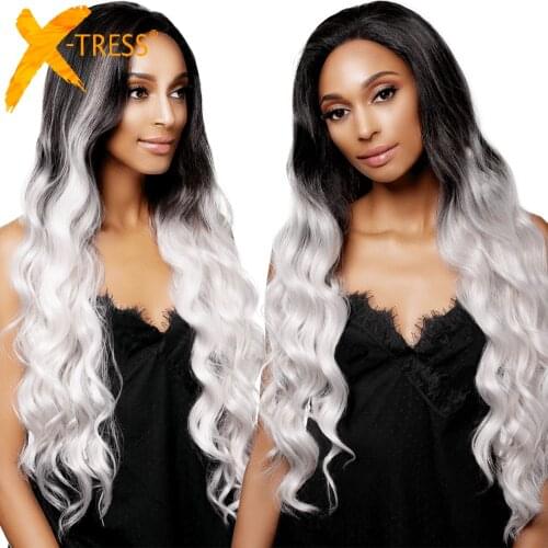 X-TRESS Ombre Grey Color Synthetic Lace Front Wig 32" Long Wavy Soft Fluffy Lace Hair Wigs For Black Women Heat Resistant Fiber