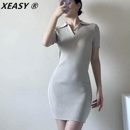 XEASY Women 2021 Fashion Solid Color Fitted Chic Slim Knit Mini Dress Vintage Lapel Short Sleeveless Female Dresses Vestidos