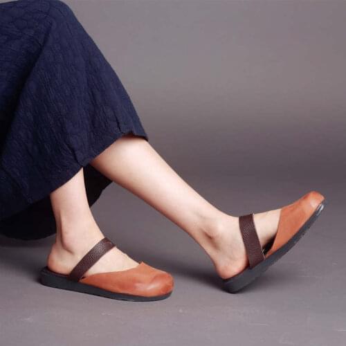 Careaymade-Self-Made Hand-rub Color Genuine Leather Sen WOMENS Shoes Retro Artistic Full-grain Leather Low Heel-Toe slippers