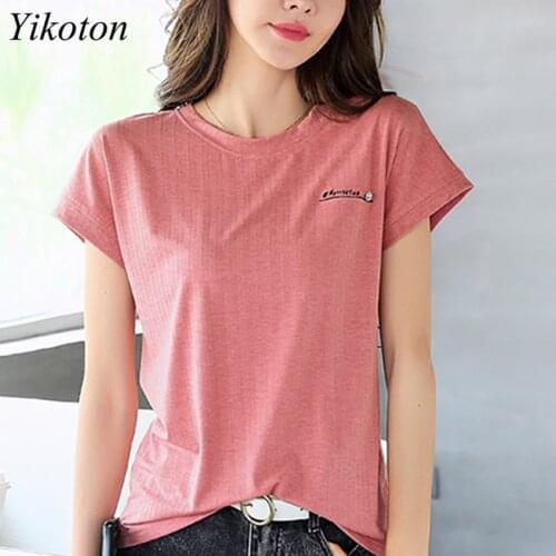 T-Shirts Women 2021 Summer T Shirt Casual Tshirt Letter Woman Cotton Top Tee Lady Solid Batwing Sleeve Camisetas Feminina Tops
