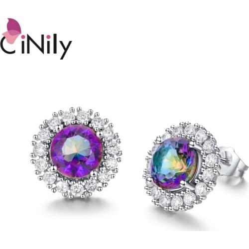 CiNily Mystic Zircon Cubic Zirconia Silver Plated Earrings Wholesale Hot Sell for Women Jewelry Stud Earrings 14mm OH3455
