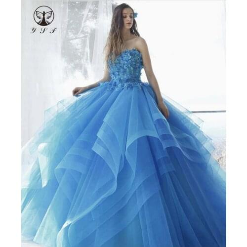 New Arrival Off the Shoulder Sweetheart Sleeveless Appliqued 3D Flowers Blue Ball Gown Quinceanera Dresses 2020