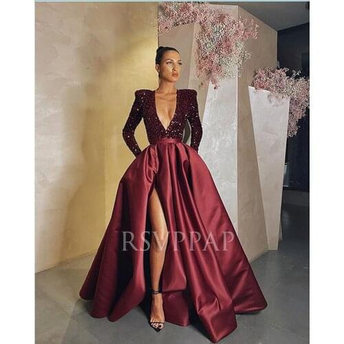 Burgundy Long Evening Dresses 2020 Arabic Style Glitter Sequin Sexy High Slit V-neck Long Sleeve Women Formal Evening Gowns