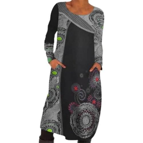 Autumn Dress Women O-Neck Retro Print Women Dress Winter Side Pockets Ethnic Style Midi Dress Streetwear Vestidos