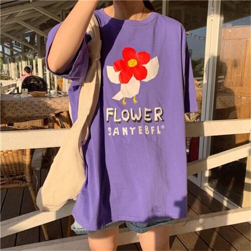 2019 Summer New Women Japanese Sweet Flower Print T-Shirt Casual Loose O-Neck Short Sleeve Tees Plus Size Female Top