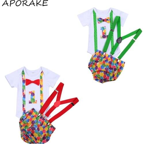 2021 Newborn Baby Bo Gentleman Clothes 1 Year Infant Bow Short Sleeve Romper+Colorful Dot Print Straps Triangle Shorts KIds 2pcs